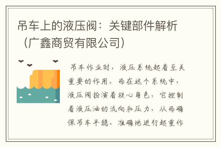 吊车上的液压阀：关键部件解析（广鑫商贸有限公司）